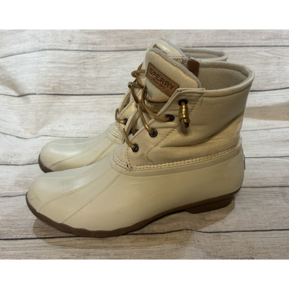 Sperry Rain Duck Boots Saltwater Canvas Rubber Oat Gold 9.5 Great Deal - Picture 2 of 7